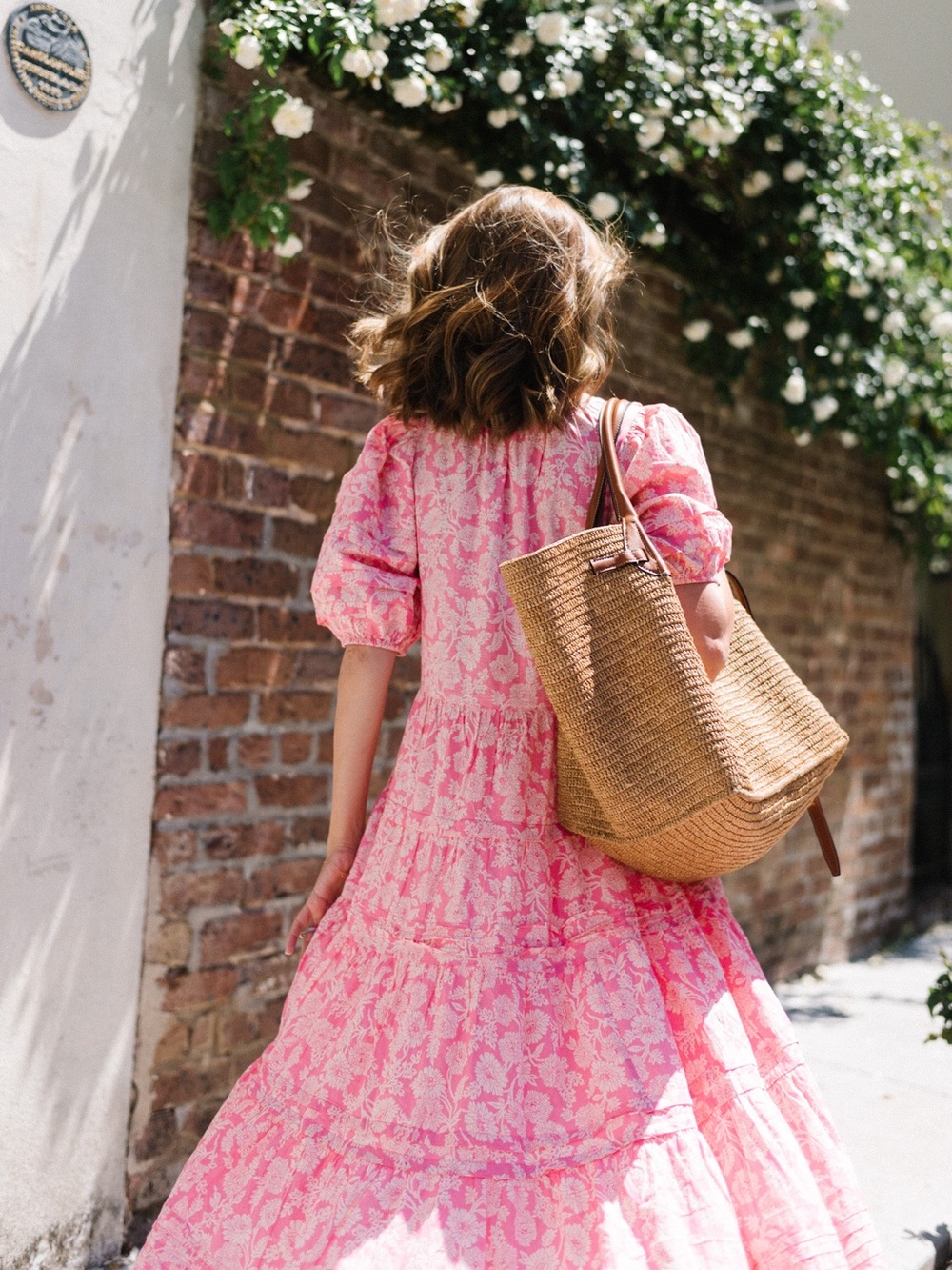 THE GREAT. Pink Floral Puff-Sleeve Tiered Midi Dress size medium size 2 - Picture 3 of 15